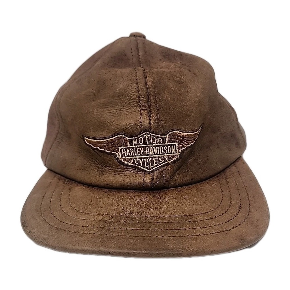 Vintage Harley Davidson Leather Hat Wings Winged Brown USA Motorcycle Biker Rare